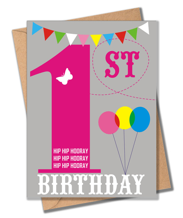 Birthday Card, Pink Age 1, 1st Birthday, Hip Hip Hooray