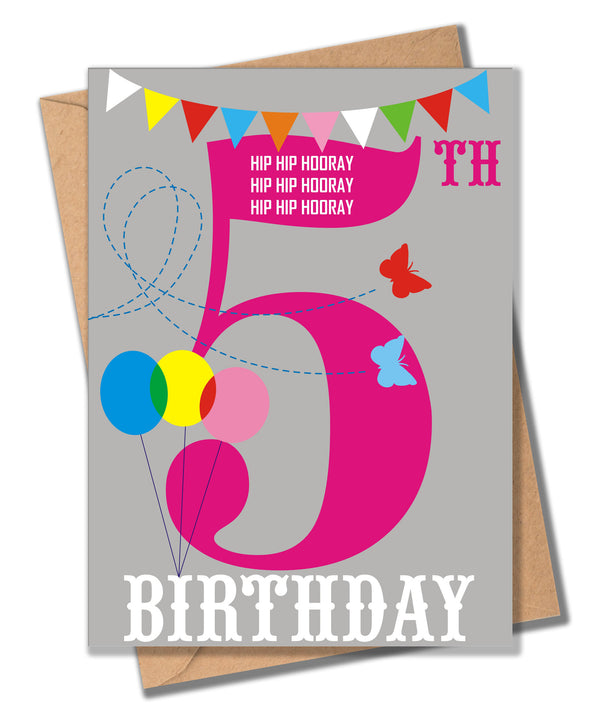 Birthday Card, Pink Age 5, 5th Birthday, Hip Hip Hooray