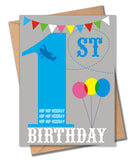 Birthday Card, Blue Age 1, 1st Birthday, Hip Hip Hooray