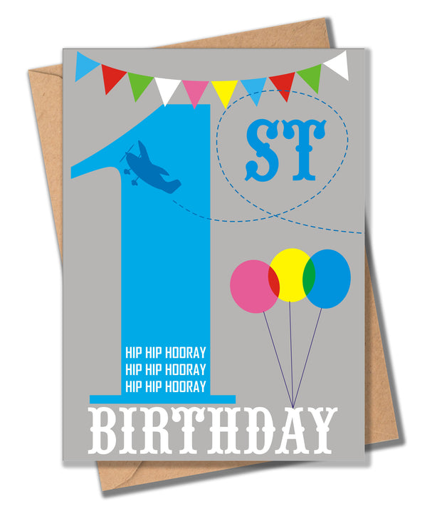 Birthday Card, Blue Age 1, 1st Birthday, Hip Hip Hooray