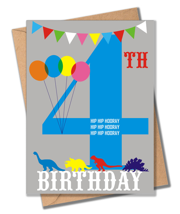 Birthday Card, Blue Age 4, 4th Birthday, Hip Hip Hooray