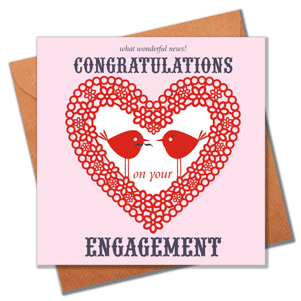 Wedding Engagement Card, Heart and Love Birds, Congratulations