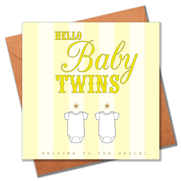 Baby Card, Yellow Stripes, Hello Baby Twins
