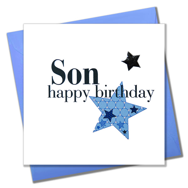 Birthday Card, Blue Stars, Son, Embellished with a shiny padded star