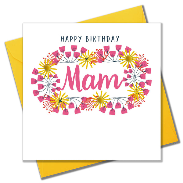 Birthday Card, Mam, Happy Birthday, Embellished with pom-poms