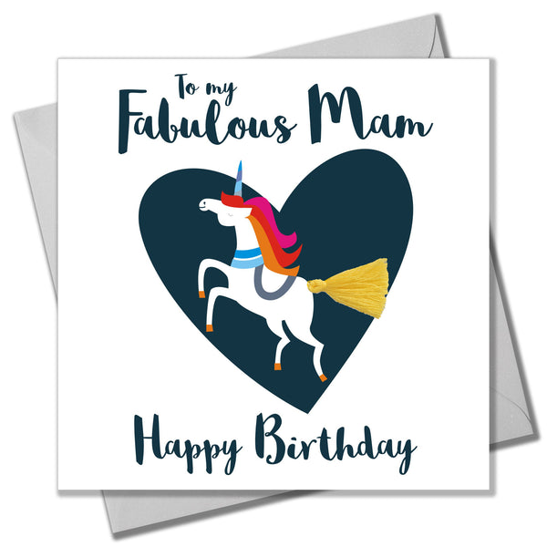 Birthday Card, Mam, Fabulous Mam Unicorn, Embellished with a tassel