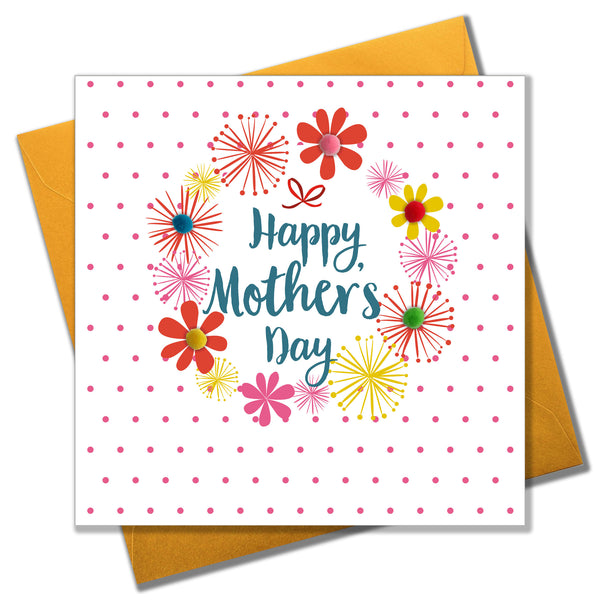 Mother's Day Card, Dots & Flowers, Embellished with colourful pompoms
