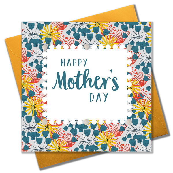 Mother's Day Card, Floral Pattern, Embellished with colourful pompoms