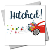 Wedding Card, Hitched! Car, Just Married, Embellished with colourful pompoms