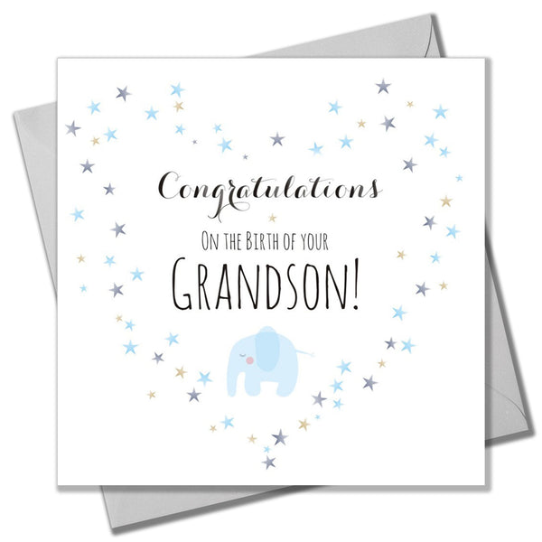 Baby Card, Blue Elephant and Heart, Birth of Grandson