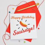 Birthday Card, Hello Sausage, Embellished with colourful pompoms