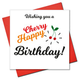 Birthday Card, Cherry Happy Birthday, Embellished with colourful pompoms