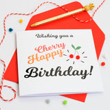 Birthday Card, Cherry Happy Birthday, Embellished with colourful pompoms