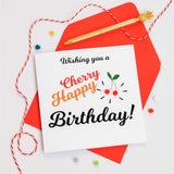 Birthday Card, Cherry Happy Birthday, Embellished with colourful pompoms