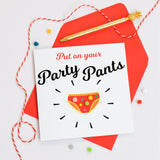Birthday or Congratulations Card, Party Pants, Embellished with colourful pompoms