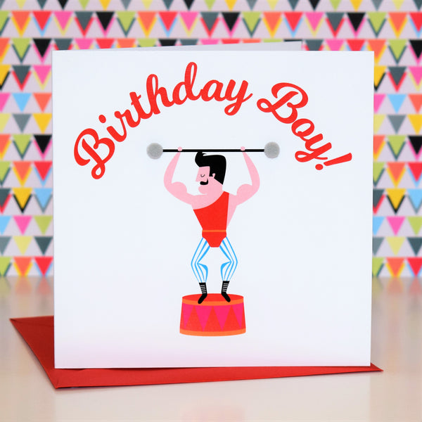 Birthday Boy Card, Circus Strong Man, Embellished with colourful pompoms