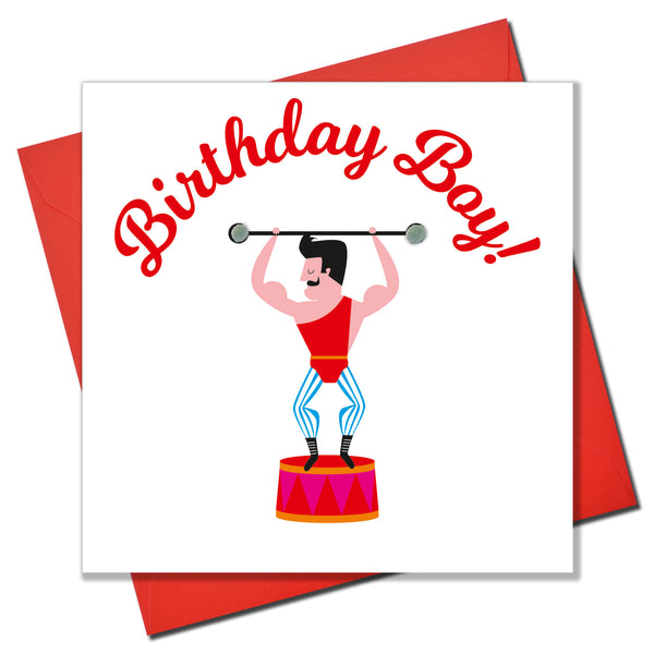 Birthday Boy Card, Circus Strong Man, Embellished with colourful pompoms