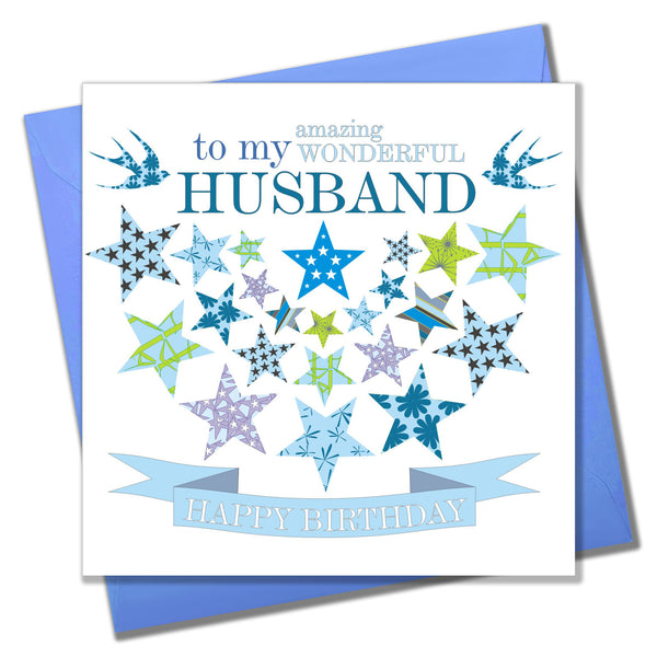 Birthday Card, Blue Stars, to my wonderful Husband, Happy Birthday
