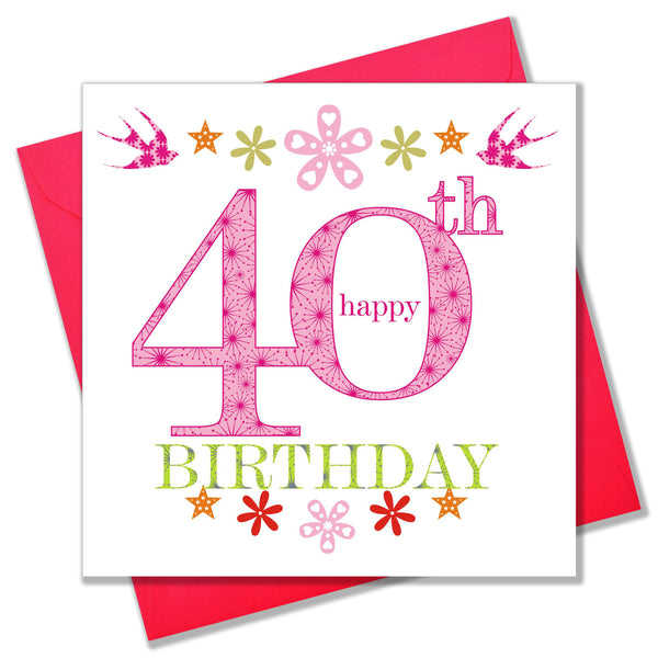 Birthday Card, Pink Age 40, Happy 40th Birthday