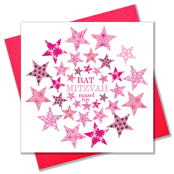 Religious Occassions Card, Circle of Pink Stars, Bat Mitzvah Mazel Tov