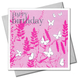 Birthday Card, Pink, Butterflies in grass, Embossed and Foiled text