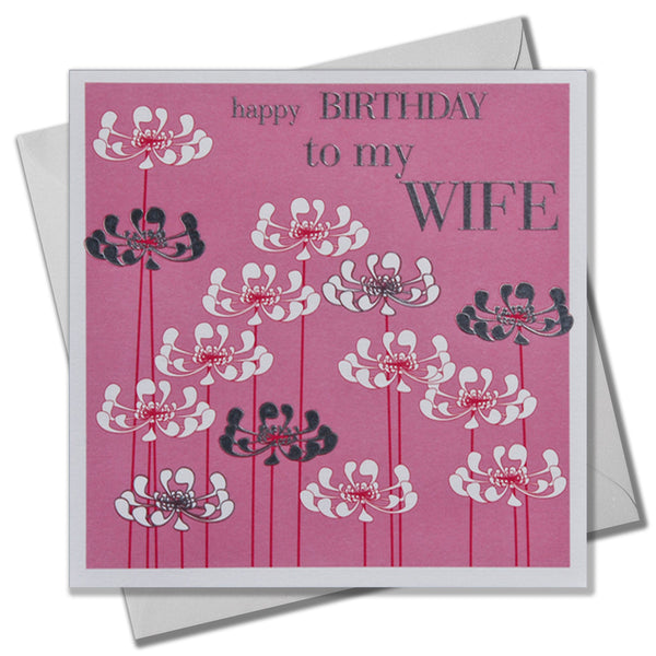 Birthday Card, Pink flowers, Embossed and Foiled text