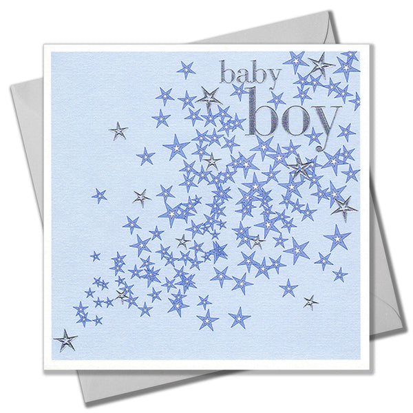 Baby Card, Blue Flowers, Baby Boy, Embossed and Foiled text