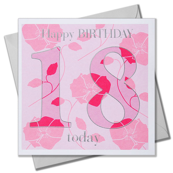 Birthday Card, Age 18, 18th Pink, Embossed and Foiled text