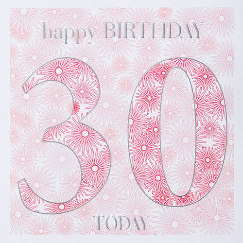 Birthday Card, Age 30, 30th Pink, Embossed and Foiled text