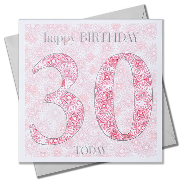 Birthday Card, Age 30, 30th Pink, Embossed and Foiled text