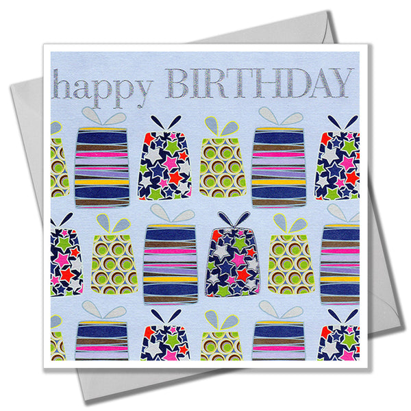 Birthday Card, Presents, Happy Birthday, Embossed and Foiled text