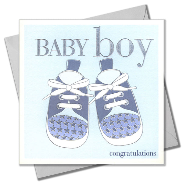 Baby Card, Blue Shoes, Baby Boy, Congratulations, Embossed and Foiled text