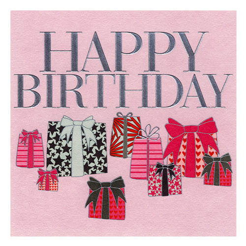 Birthday Card, Pink presents, Happy Birthday, Embossed and Foiled text