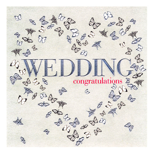 Wedding Congratulations Card, Butteflies Heart, Embossed and Foiled text