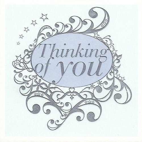 Thinking of you Card, Sympathy, Silver Scrolls, Embossed and Foiled text