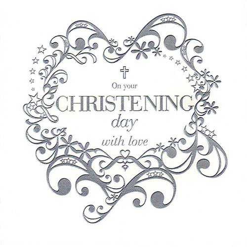 Baby Christening Card, Silver Scrolls, Baptism, Embossed and Foiled text