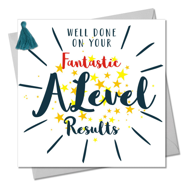A Level Exam Congratulations Card, Stars, Embellished with a colourful tassel