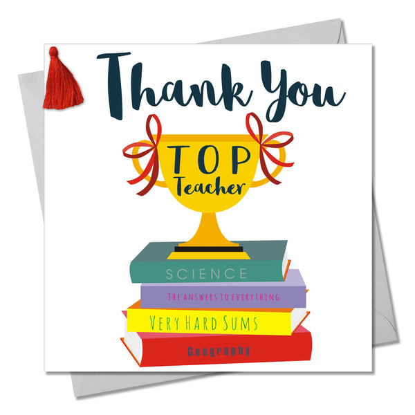 Thank You Teacher Card, Trophy, Embellished with a colourful tassel