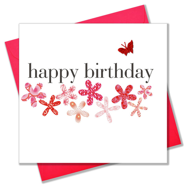 Birthday Card, Flowers, embellished with a pretty fabric butterfly