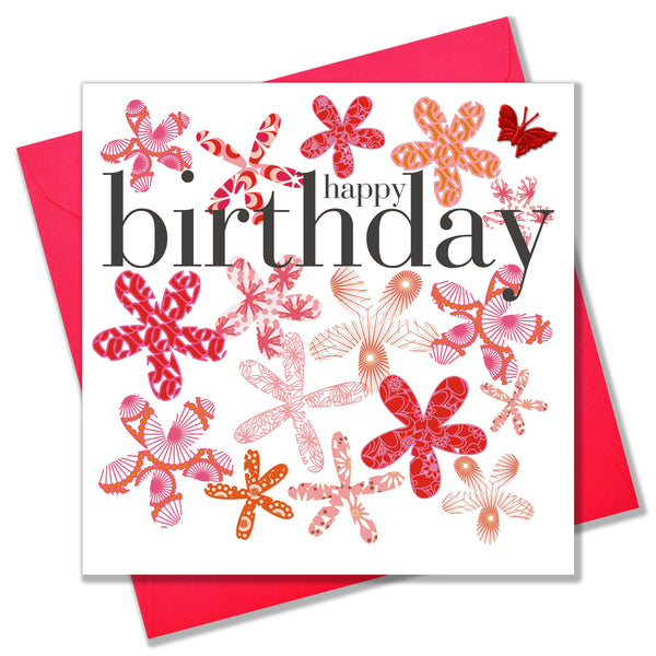 Birthday Card, Pink Flowers, embellished with a pretty fabric butterfly