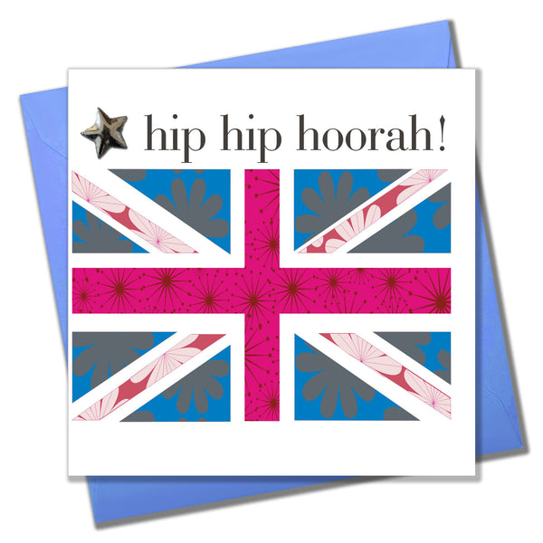 Birthday Card, Union Jack, Hip Hip Hooray!, Embellished with a shiny padded star