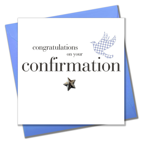 Confirmation Congratulations Card, Blue Dove, Embellished with a padded star