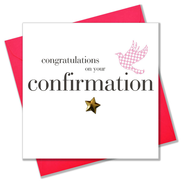 Confirmation Congratulations Card, Pink Dove, Embellished with a padded star
