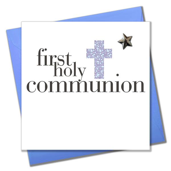 First Holy Communion Card, Blue Cross, Embellished with a shiny padded star
