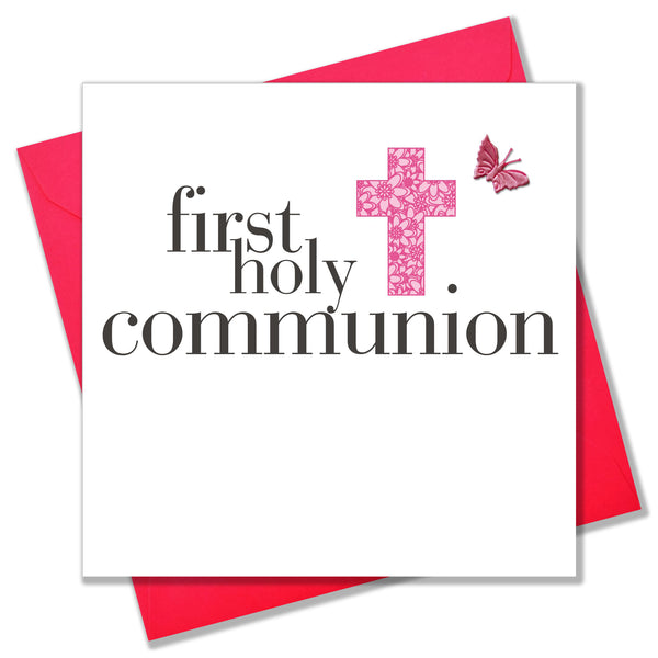 First Holy Communion Card, Pink Cross,  embellished with a fabric butterfly