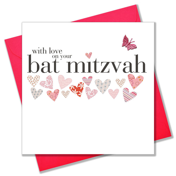 Bat Mitzvah Card, pink hearts, embellished with a pretty fabric butterfly
