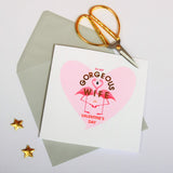 Valentines Day Card, Wife, Flamingo heart, text foiled in shiny gold
