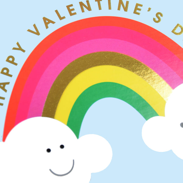 Valentines Day Card, Clouds and Rainbow, text foiled in shiny gold