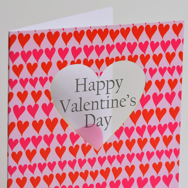 Valentine's Day Card, Pink and Red line of Hearts, See through acetate window
