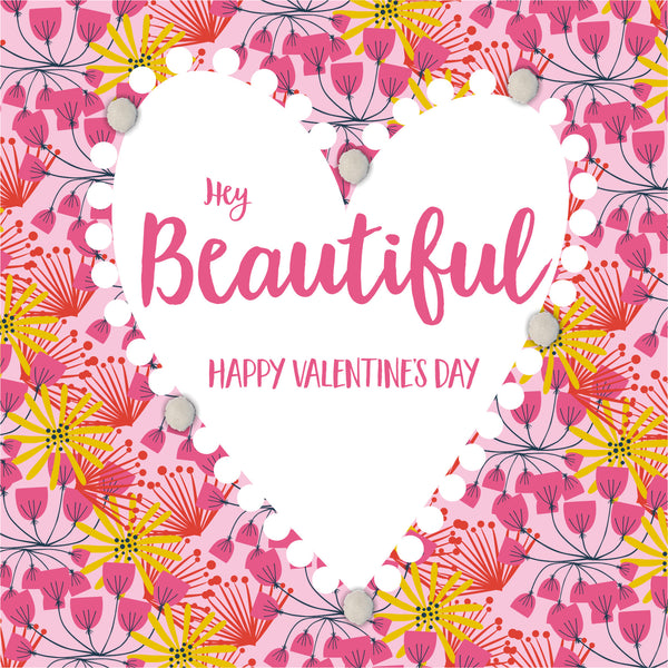 Valentine's Day Card, Heart Pattern, Embellished with colourful pompoms